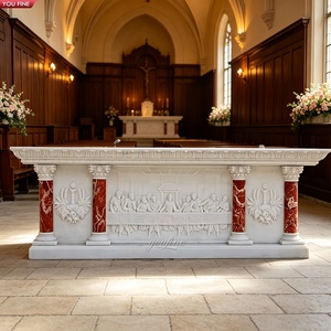 Altare in Marmo Bianco e Rosso Venato YOUFINE, Tavolo Altare per Chiesa Intagliato a Mano con Rilievo dell'Ultima Cena, Colonna Corinzia per Cappella - Product Image 1