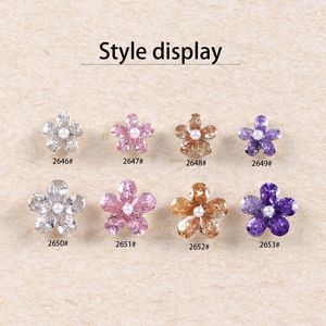 Vente en gros de breloques pour ongles en pierres précieuses blanches, violettes et roses, strass, fleurs 3D à cinq pétales, accessoires de décoration pour ongles en vrac - Product Image 3