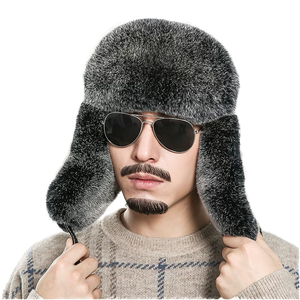 Gorro de piloto unisex de alta calidad estilo ruso, de piel de conejo auténtica, cálido para invierno, con orejeras, tejido a mano, ajustable. - Product Image 1