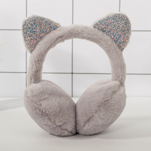Bandeau d'oreille en fourrure pour femme, oreilles de chat, hiver, chaud, paillettes, sequins - Product Image 2