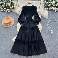 Robe décontractée élégante pour femmes, col en V, manches longues bouffantes, dentelle patchwork, coupe trapèze, avec ceinture à la taille, pour un usage quotidien