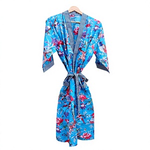 Bata Kimono Larga a Rayas para Mujer, Estampado de Bloques, Manga Larga, 100% Algodón Suave, Ropa de Dormir Casual de Verano con Cierre de Cordón - Product Image 1
