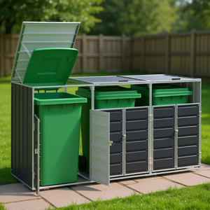 Contenedor de Almacenamiento de Basura con Ruedas de Acero, 85x31.9x45.3 Pulgadas, para Tres Contenedores, Cobertizos, Almacenamiento de Jardín - Product Image 2