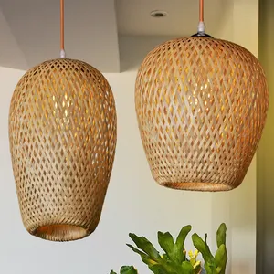 Lampu gantung kayu bambu rotan buatan tangan, lampu gantung langit-langit Retro untuk rumah