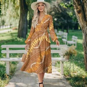 Robe longue décontractée pour <span class=keywords><strong>femme</strong></span>, taille plus, à manches longues et à nouer, avec imprimé tribal Tapa des îles du Pacifique, impression à la demande, sur mesure - Product Image 3