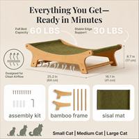Lit grattoir pour chat avec hamac surélevé pour chats d'intérieur, coussin en sisal naturel remplaçable avec cadre en bambou antidérapant et stable