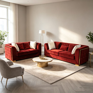 Sofá Tapizado en Terciopelo Rojo Rubí, Estilo Chic Parisino, <span class=keywords><strong>para</strong></span> Salón de Lujo, Sala de Estar, Hotel Boutique, Canapé - Product Image 2