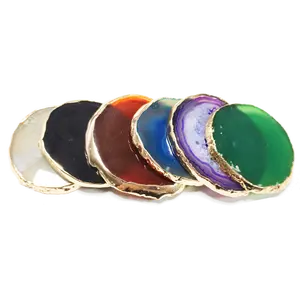 批发天然玛瑙片蓝色/紫色/绿色金色梅子宝石杯垫，带金色/银色边缘