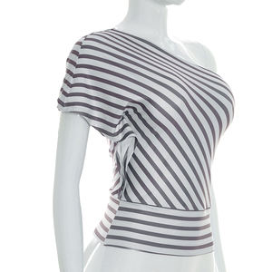 Viviblook J26TP083, Camiseta Casual de Verano para Mujer, Sexy, Asimétrica, con Rayas y Hombros Descubiertos, para Damas - Product Image 2