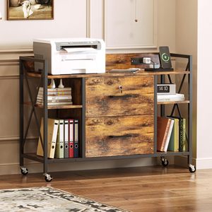 Armoire de classement mobile SENYU en bois rustique à 2 tiroirs avec étagères ouvertes pour le rangement du bureau à domicile - Product Image 5