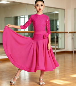 Conjunto de leotardo de encaje magenta <span class=keywords><strong>para</strong></span> baile latino con falda, de gran vuelo, de malla, <span class=keywords><strong>para</strong></span> <span class=keywords><strong>tango</strong></span>, samba, vals, vestido de escenario <span class=keywords><strong>para</strong></span> niñas - Product Image 2