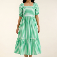 Robe midi rayée verte à manches bouffantes, col carré, coupe trapèze, en coton, décontractée, respirante, avec ourlet superposé, pour femme, tenue quotidienne d'été