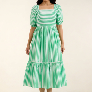 Green Striped Puff Sleeve Midi <b>Dress</b> Square Neck A-Line Cotton Casual Summer <b>Dress</b> Breathable Layered Hem Women's Daily Wear - Product Image 1