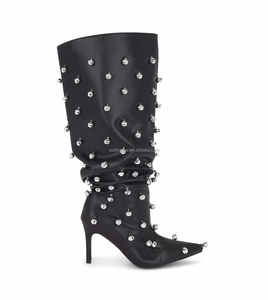Bottes au genou en métal argenté à talons aiguilles pour femmes, bout pointu noir, bottes à bulles <span class=keywords><strong>sexy</strong></span> en <span class=keywords><strong>cuir</strong></span> clouté - Product Image 6