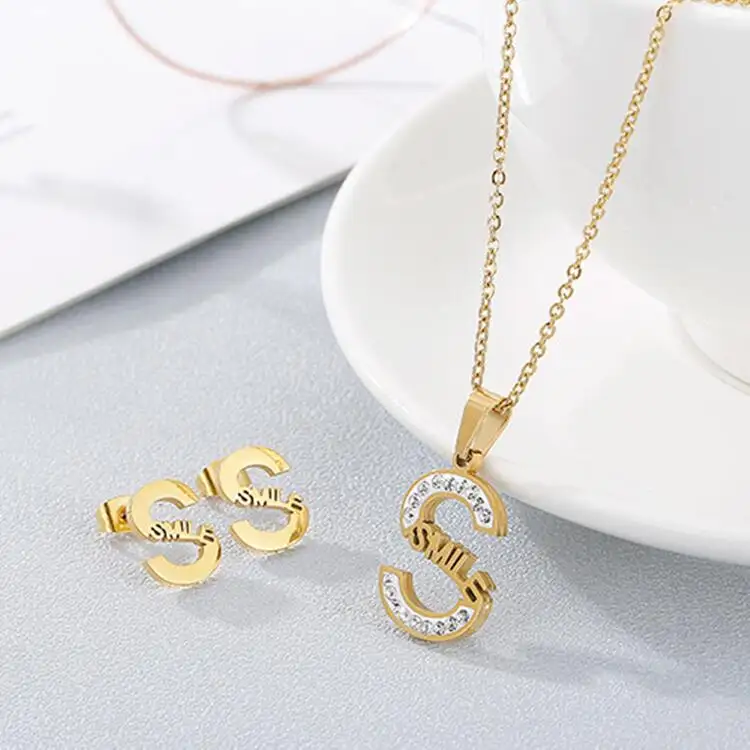 Cubic zirconia Initial Letter S Necklace And Earrings 18k Gold Plated Stainless Steel Jewelry Set For women
