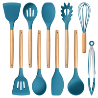 Ensemble d'ustensiles de cuisine en silicone réutilisables et adaptatifs, avec spatule en silicone, outils en acier inoxydable et en bois, pour le camping, 12 pièces, durable