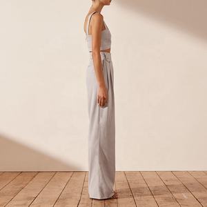 Nuovo abito <span class=keywords><strong>in</strong></span> cotone e <span class=keywords><strong>lino</strong></span> con scollo a V abito abito corto estivo a vita alta pantaloni larghi 2 pezzi Set abiti eleganti da ufficio - Product Image 3