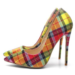 Escarpins à talons aiguilles de 10 cm pour femmes, grande taille 45, style tartan coloré, bout pointu - Product Image 3