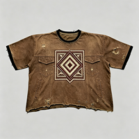 T-shirt Homme Oversize en Coton à Manches Courtes, Style Streetwear, Grammage Lourd, Lavage Vintage, Effet Usé, avec Poche à Motif Totem Géométrique