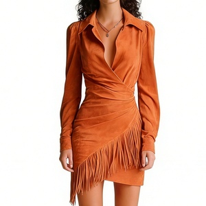 Vestido Mini Cruzado de Ante Sintético para Mujer, Manga Larga, con Flecos en el Bajo, Estilo Western, Vestidos de Fiesta, Moda - Product Image 4