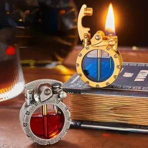 Nuovo serbatoio del carburante trasparente in metallo Rocker accendino a cherosene Retro creativo orologio da tasca a forma di regalo da uomo accendisigari all'ingrosso