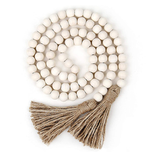 Fabrication Artisanale : Guirlande de Perles en Bois Couleur Naturelle avec Corde de Chanvre et Pompons, Ornements de Décoration Intérieure, Pendentifs pour Vases - Product Image 1