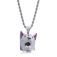 Pendentif Tête de Chien Husky 3D en Laiton Plaqué Rhodium Style Hip Hop, Entièrement Sertie de Zircons Cubiques Transparents, Noirs et Violets, Pendentif Animal de Compagnie Iced Out