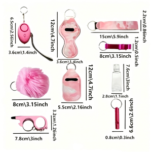 Vente en gros - Ensemble de porte-clés de <span class=keywords><strong>défense</strong></span> personnelle 9 en 1, <span class=keywords><strong>kit</strong></span> de sécurité avec alarme personnelle 140 dB, pompon, rose tie-dye pour femmes - Product Image 2
