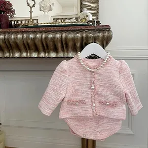 Wholesale Baby Girls 2pcs Luxury Style Fashion Boutique Pearl Tops Shirts PP Romper Pants Two-piece Set Fall Spring Clothes Suit