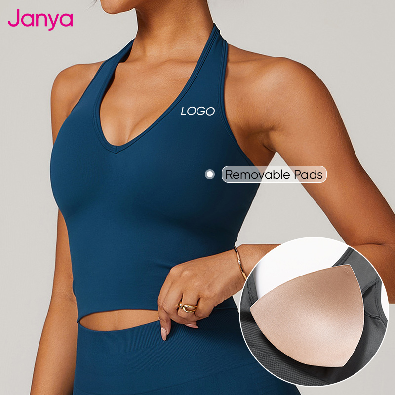 Janya Women's Gym Fitness Longline Tops Halter Backless Design Deep V Neck Yoga Tank Top Seamless Sports Bra with Removable Pads
