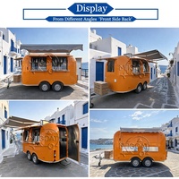 Remorque alimentaire orange optimisée pour la vente de pizzas, à double essieu, avec auvent, climatisation et hotte, pour entreprise de pizzeria mobile