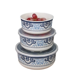 Blue And White Classic Melamine Bowl With Plastic Lid Food Storage Bowl Round Chinese Style Insulated Lunch Box For Fruit And - Product Image 1