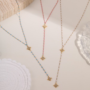 NIMAI不锈钢长流苏心形十字吊坠项链女无光泽彩色珐琅链Y形项链 - Product Image 3