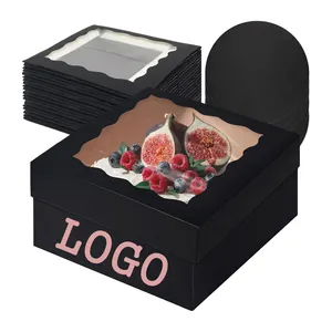 Embalagem de flores para presente personalizadas com janela, caixas de papelão dobráveis para bolo de aniversário preto, preço de atacado na China