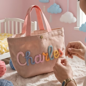 Bolso de Corduroy con Nombre Personalizado, Bolso de Hombro de Cuerda de Algodón Tejida Personalizada, Bolso Tote Ligero <span class=keywords><strong>para</strong></span> Viajes y Uso Diario - Product Image 3