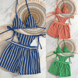 Conjunto de Traje de Baño de Tres Piezas a Cuadros de Ganchillo para Mujer, Ajuste Regular, Spandex/Algodón, Bikini Cruzado con Cuello Halter, Ropa de Playa para Natación - Product Image 3