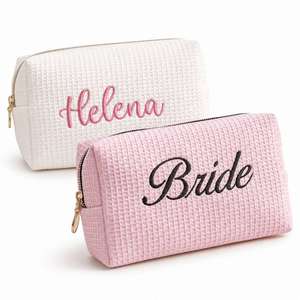 Personalized Bridesmaid Gifts Makeup <b>Bag</b>, Custom Embroidered Waffle Toiletry Pouch, Cosmetic Travel Organizer for Bridal Party - Product Image 1