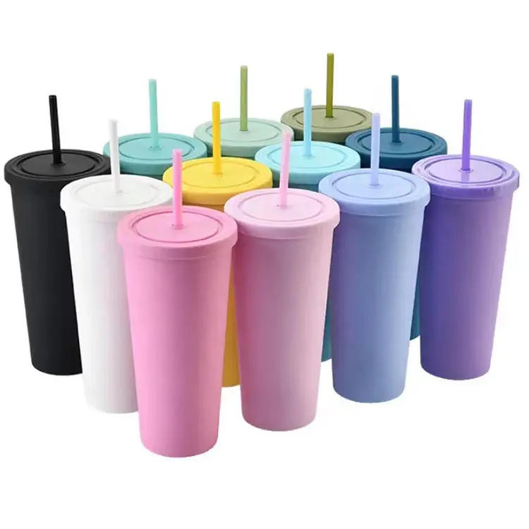 Custom Cup 22oz double walled drinking Cup Reusable BPA Free Matte Pastel Colored Acrylic Tumblers with Lid and straw