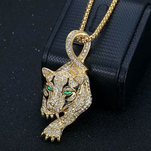 Collier pendentif tête de léopard plaqué or en acier inoxydable avec strass, bijou unisexe pour fête sur le thème du zodiaque animalier - Product Image 2