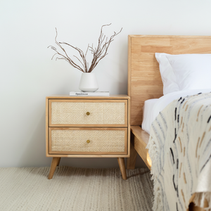 Table de chevet en rotin moderne minimaliste avec 2 tiroirs table de chevet en bois de manguier massif pour la maison chambre meubles fonction de stockage - Product Image 1