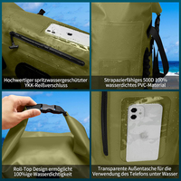 Sac à dos étanche en PVC 35L avec fermeture à enroulement, idéal pour la randonnée, la plongée et le camping