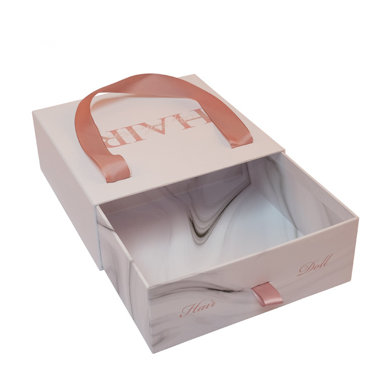 CMYK Custom Logo Sliding Out Paper Box Printing Cardboard Luxury Wigs Hair Extension Packaging Boxes With Ribbon Handle