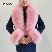 XINBY Hiver – Ensemble Col et Poignets en Véritable Fourrure de Renard, Écharpe Longue et Châle Respirant à Motif Uni pour Femme et Homme, Manteau d'Extérieur Adulte