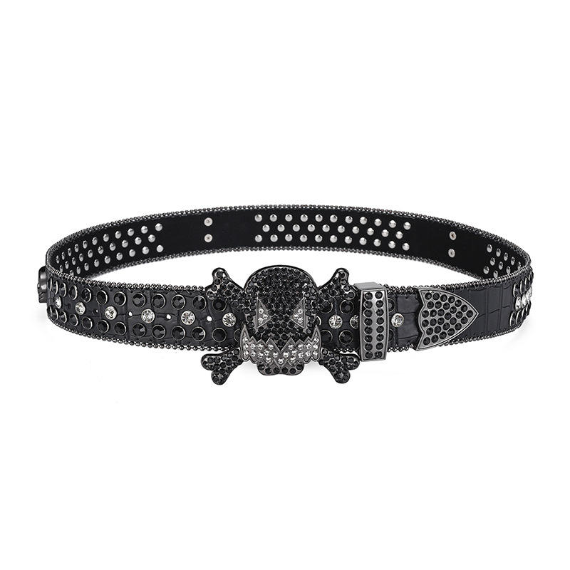Buckle Belt For Men Black Belt With Diamonds Big Skull Western