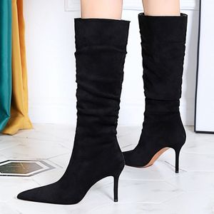 Bottes longues pour femme, mode, en daim noir, hauteur genou, avec talon - Product Image 3