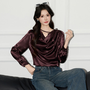 Women's Long Sleeve Dark Purple Satin Blouse With <b>Wrap</b> Tie Neck V Neck Design For Everyday Wear - Product Image 3