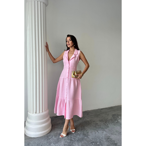 Elegante Vestido Camisero Rosa de Muselina sin Mangas con Cuello para Mujer, Abotonado al Frente, Largo hasta la Rodilla, para Oficina o Fiesta, Tallas XS-XL, con Decoración Fruncida - Product Image 5