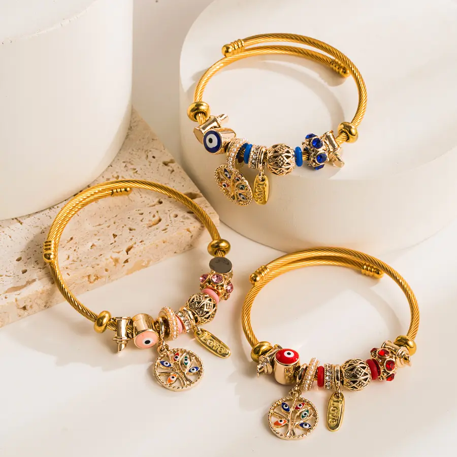 18K золотые браслеты из нержавеющей стали, водонепроницаемые регулируемые проволочные браслеты, открытый Браслет-манжета, браслеты с Шармами