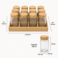 Ensemble de 12 pots à épices carrés en verre avec couvercles en bambou et support en bambou, 100 ml, organiseur de rangement pour assaisonnements de cuisine