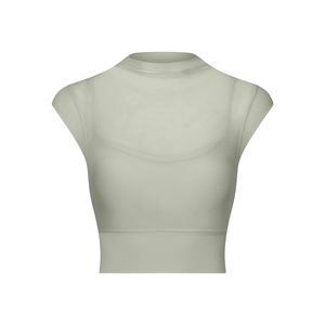 Haut de sport 2-en-1 pour femme en maille transparente à col montant, moulant, avec soutien-gorge intégré, manches courtes et coussinets amovibles, idéal pour le yoga - Product Image 6